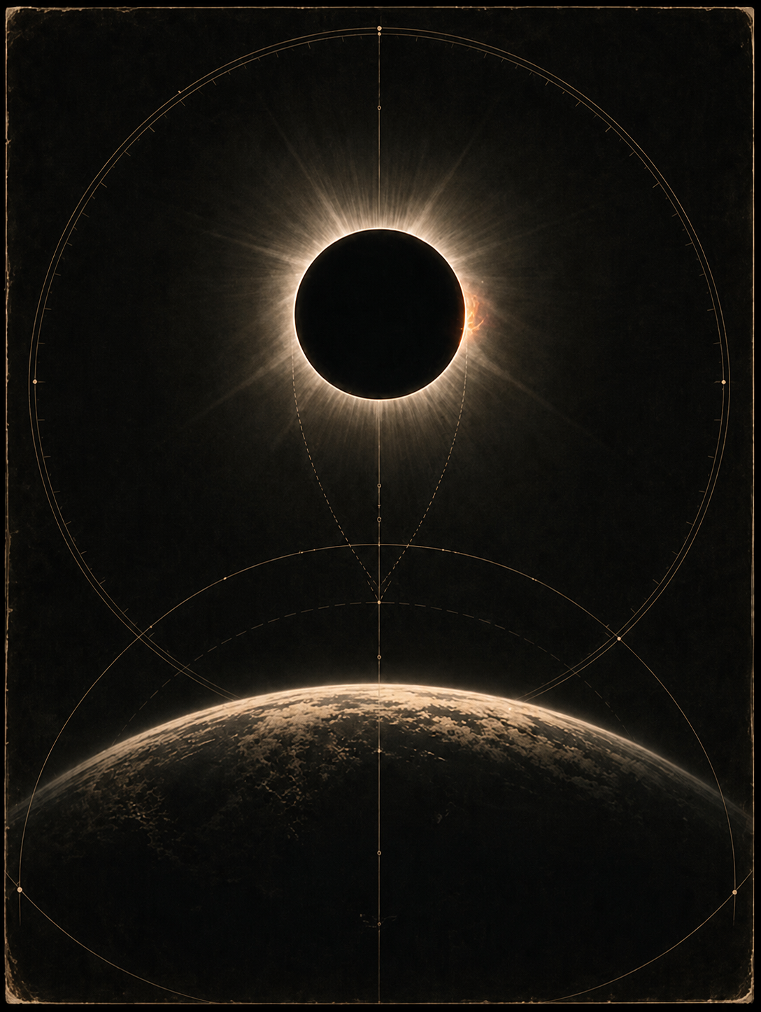 Artistic eclipse and Earth alignment rendered as an engraved observatory instrument