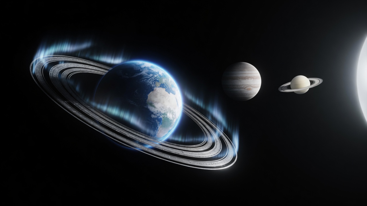 Cinematic solar system still from Astro Precise — Earth with brass orbital rings, outer planets, sun