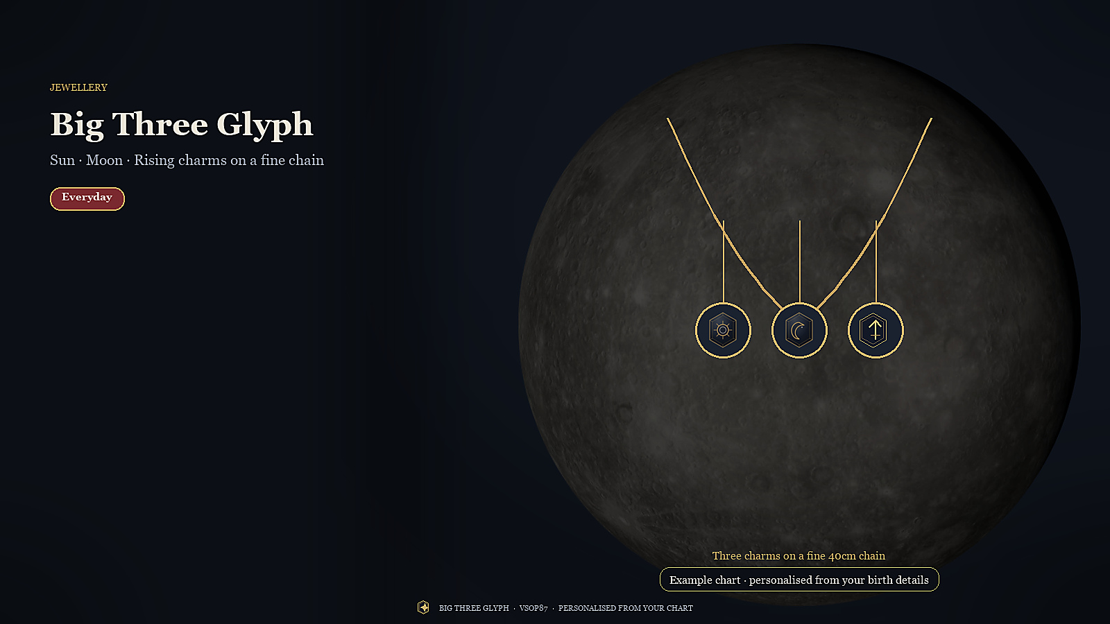 Big Three Glyph — three engraved Sun, Moon and Rising charms on a fine chain