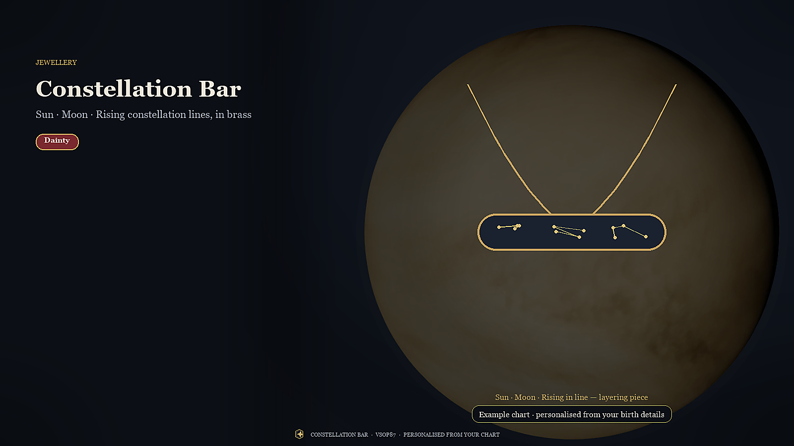 Constellation Bar — a slim brass bar with Sun, Moon and Rising constellations in line