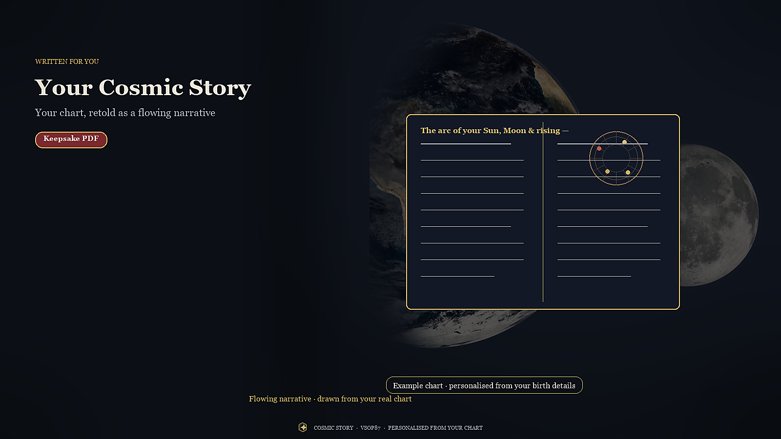 Your Cosmic Story — an open engraved book of the narrative over a real Earth and Moon still