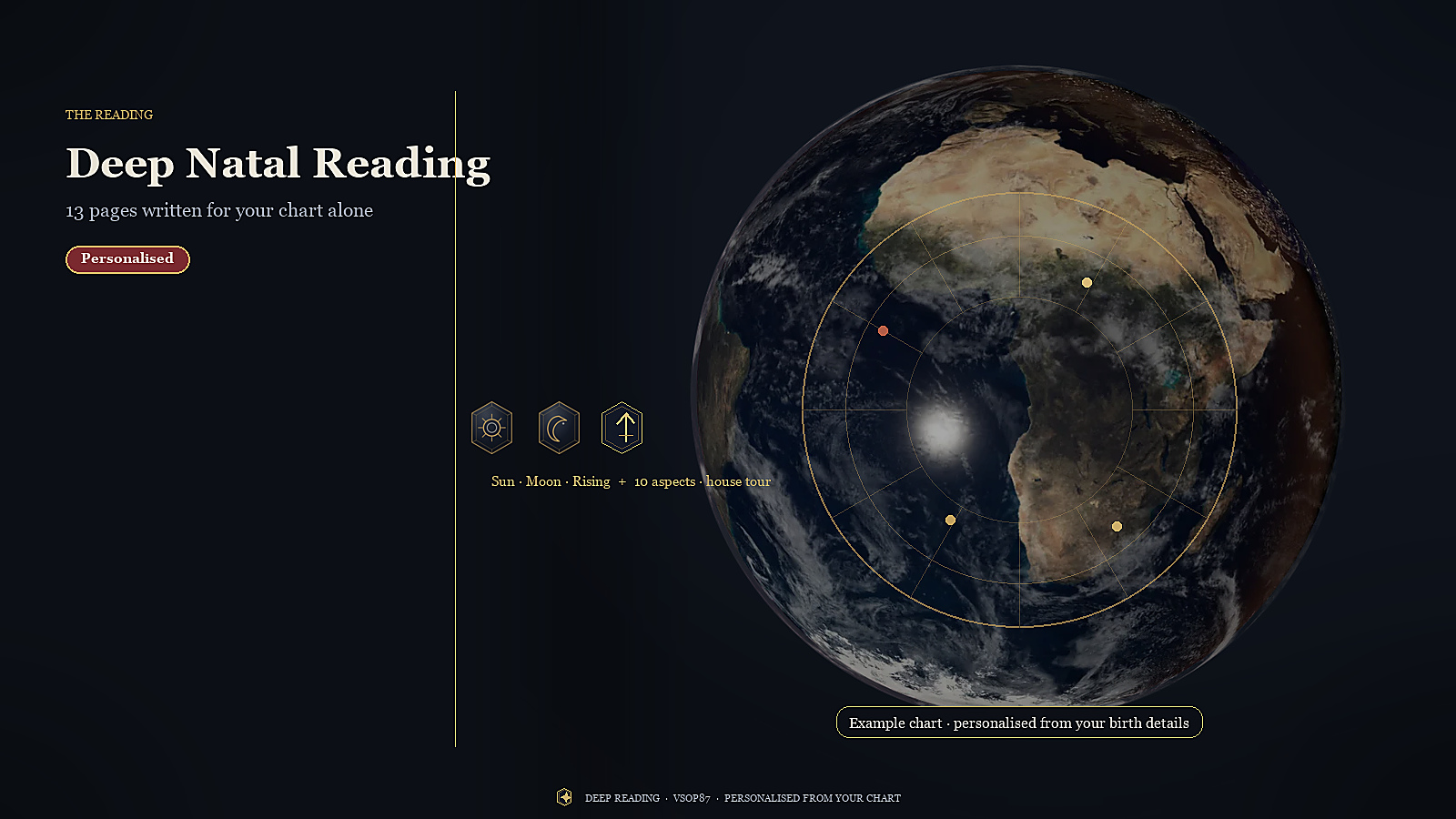 Deep Natal Reading — a photoreal Earth with the engraved natal chart wheel and Sun, Moon, Rising seals overlaid