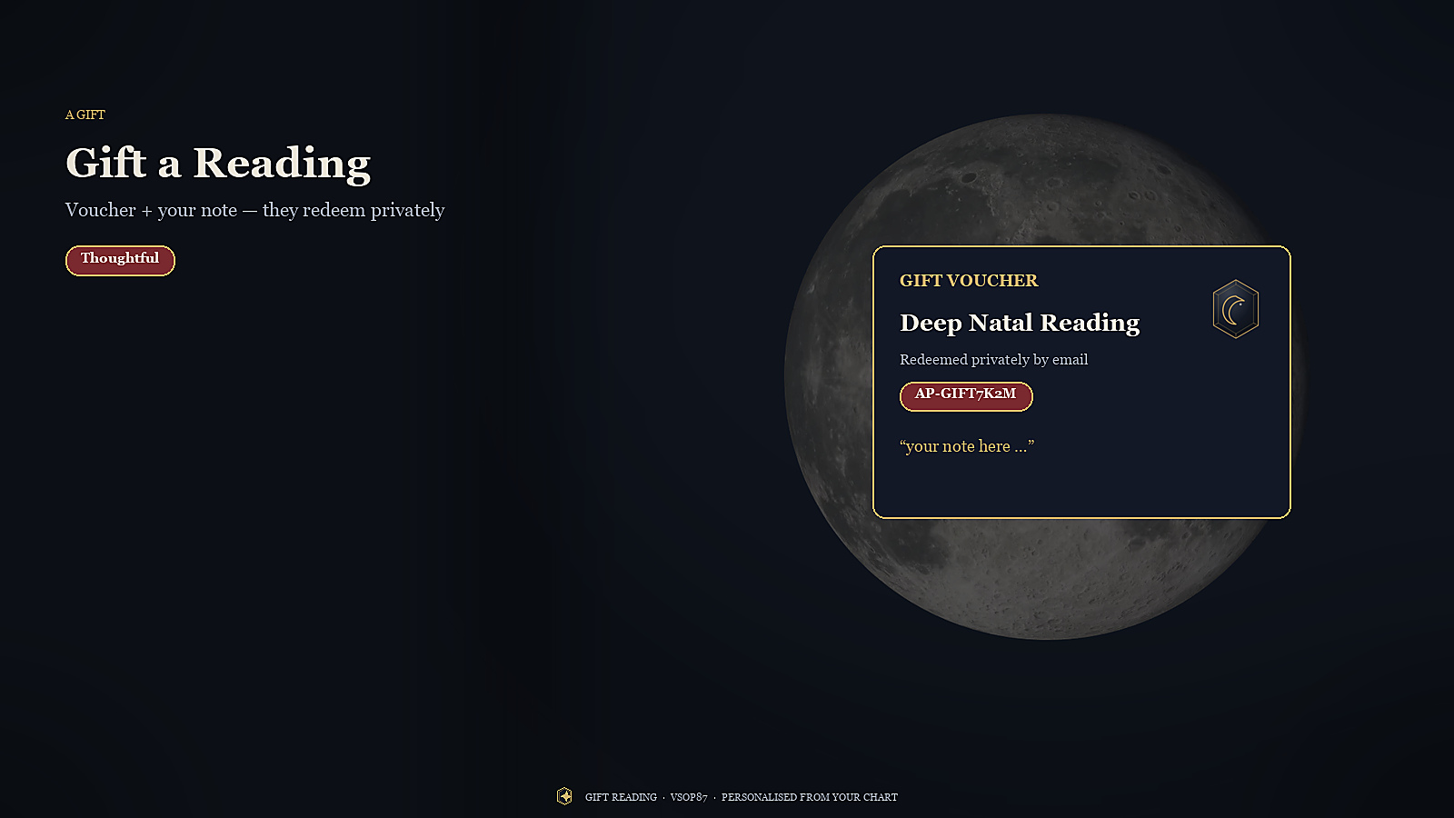 Gift a Reading — an engraved gift voucher card with redemption code over a moon still