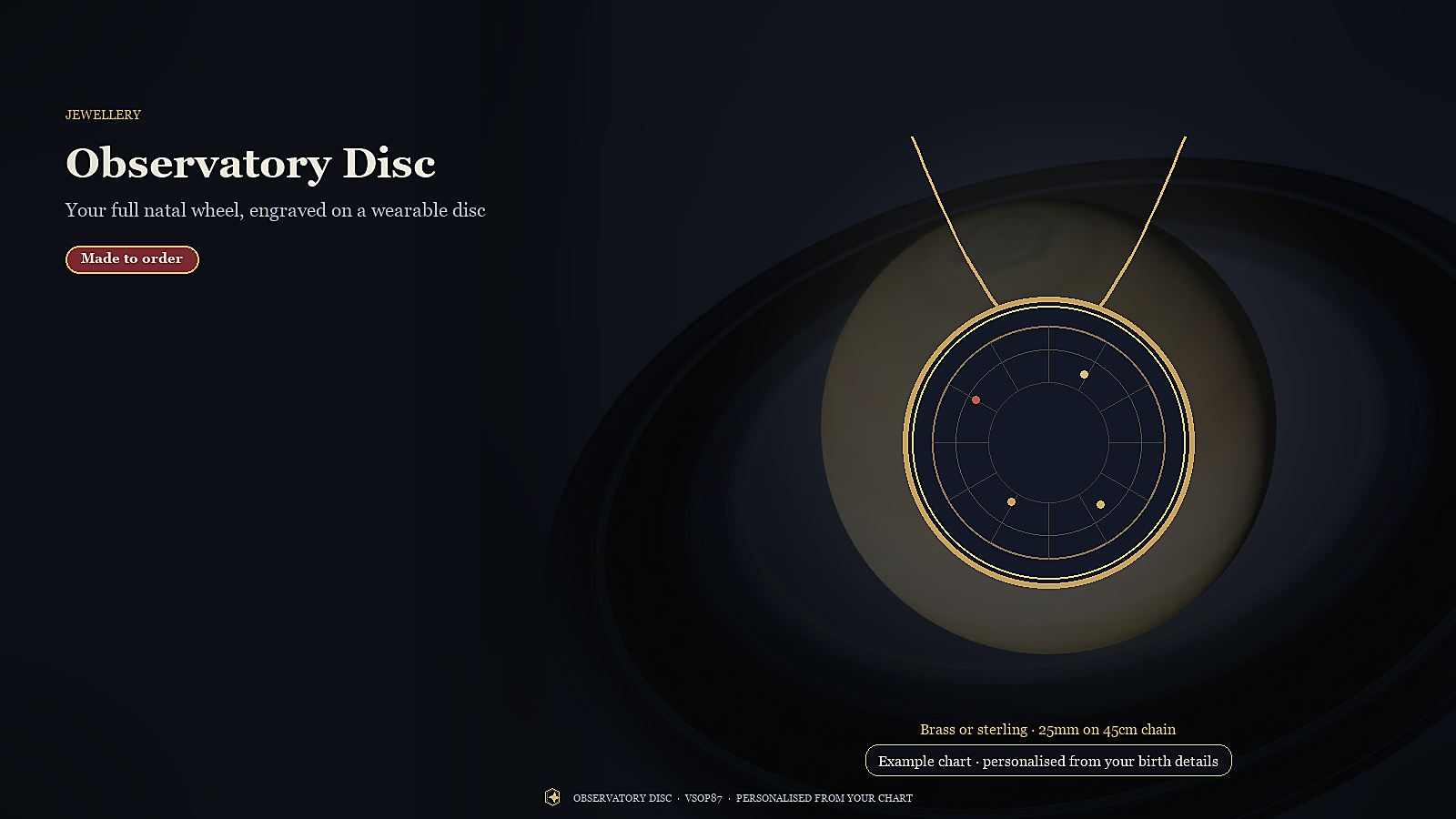 Observatory Disc Pendant — the full natal wheel micro-engraved on a brass disc on a chain
