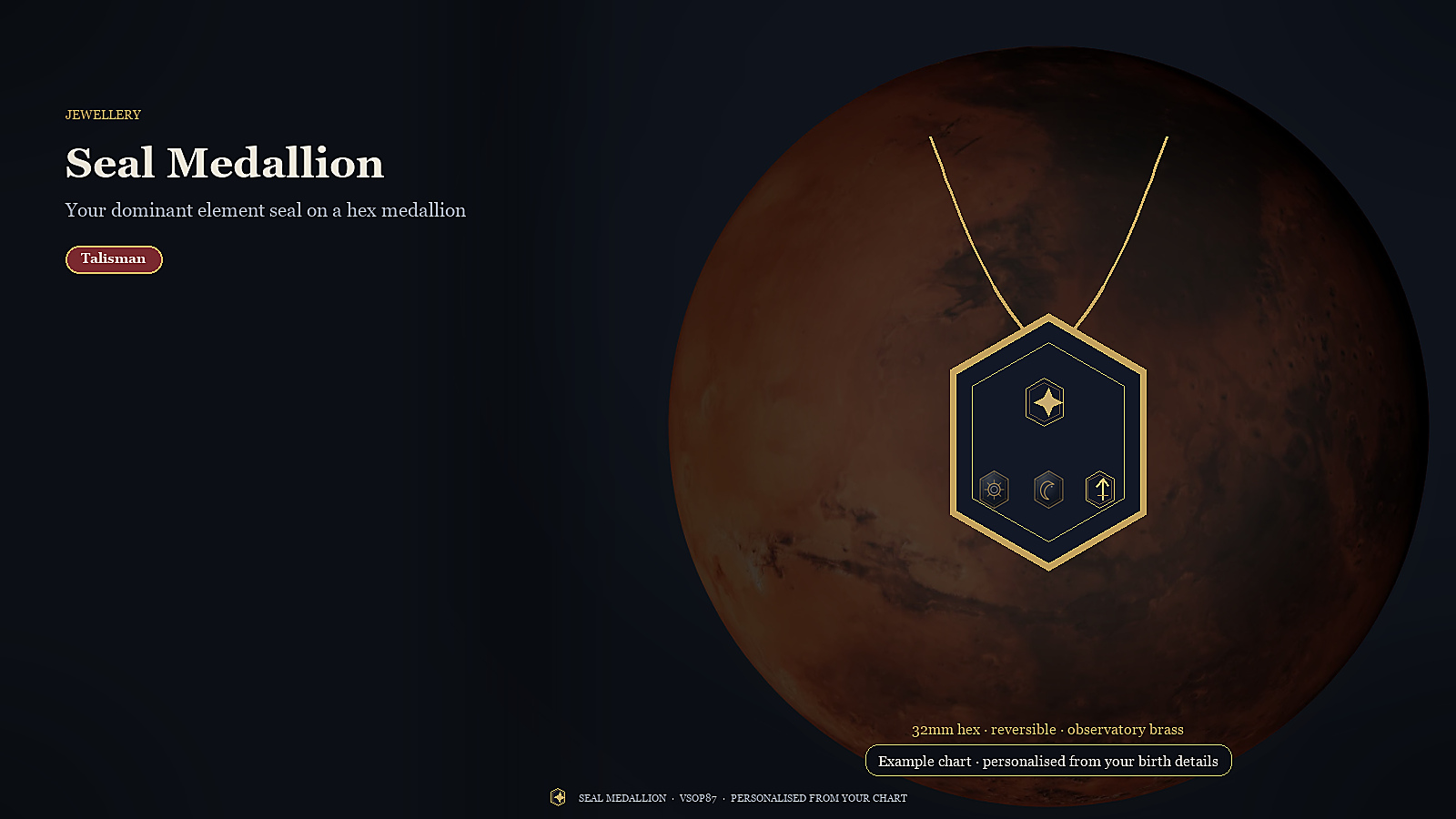 Seal Medallion — a hex brass medallion bearing the dominant element seal and Big Three glyphs
