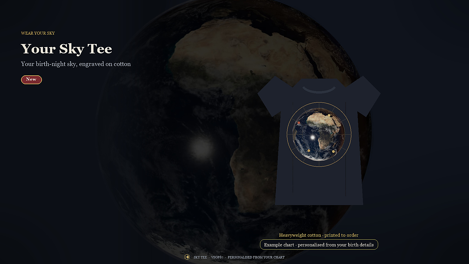 Your Sky Tee — a circular sky print on cool charcoal cotton