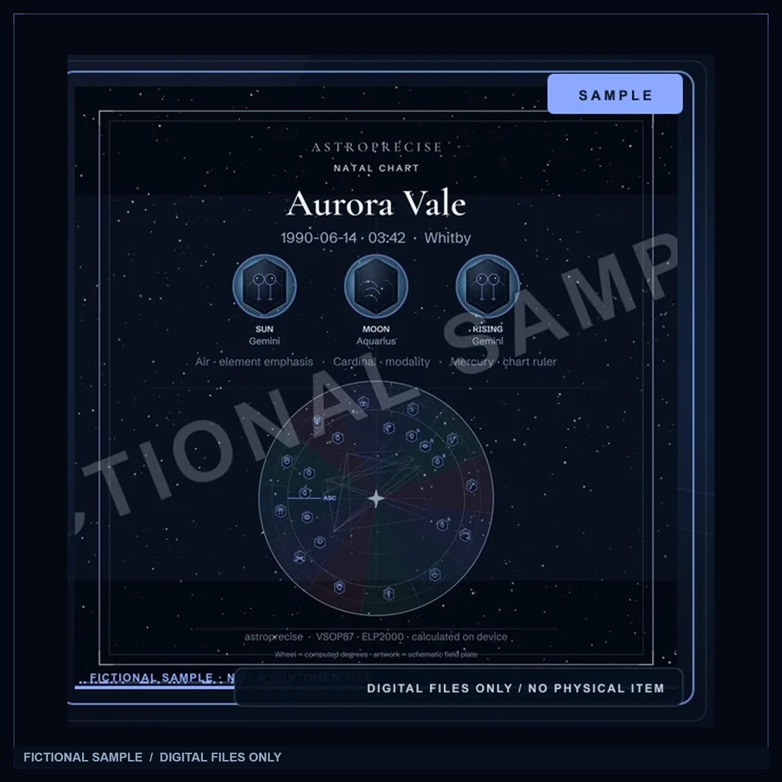 Fictional SAMPLE natal plate from the AstroPrecise studio. Engine geometry on cool void. Not a live sky.